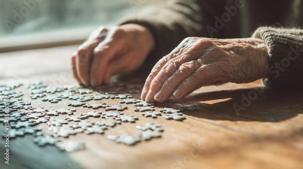 Fototapeta Senior woman engaging in puzzle-solving on wooden table for cognitive health, promoting dementia prevention. Soft natural light, intimate setting with shallow depth of field