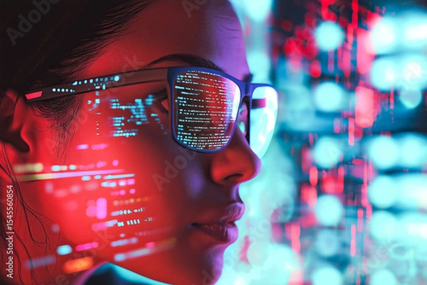 Obraz Software, coding hologram and woman on tablet thinking of data analytics, digital technology and night overlay. Programmer or IT person in glasses on 3d screen, programming and cybersecurity research