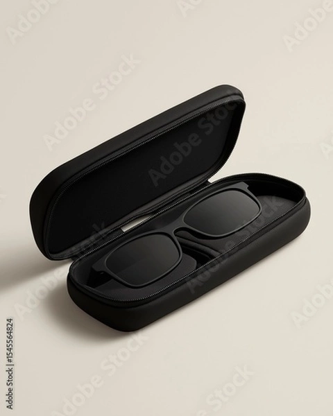 Fototapeta Realistic isolated product image of a foldable matte black smart glasses case with smooth compartments, placed on a light gray background, showcasing modern tech storage and functional design