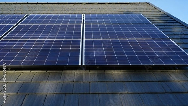 Fototapeta Modern rooftop solar panel installation on a residential building with blue shingles, capturing renewable clean energy from sunlight for eco-friendly power generation.