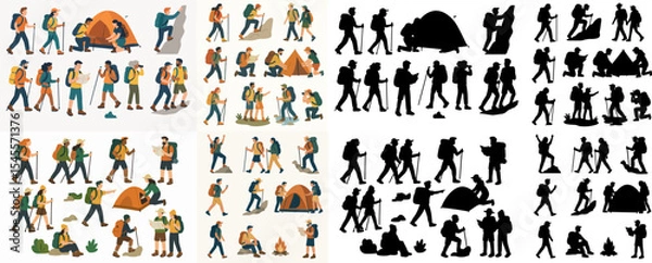 Fototapeta Vector Set People hiking and camping along with the silhouette. Outdoor adventure  hiking and backpacking  active characters trekking  set up tent and navigate terrain flat vecto.