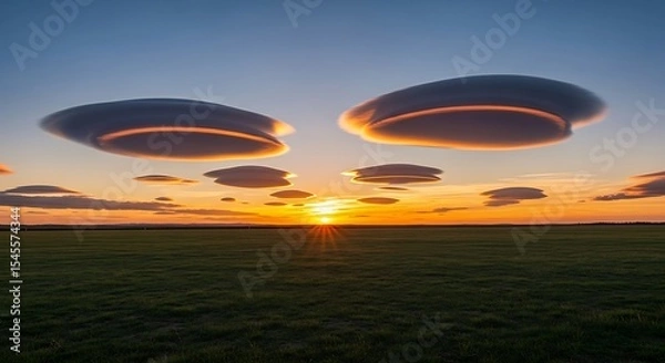 Obraz Stunning Sunset with Lenticular Clouds over Serene Field