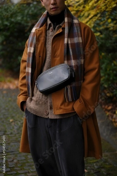 Obraz A stylish man is wearing a fashionable outfit outdoors on a cool day. The man is accessorized with a scarf and crossbody bag