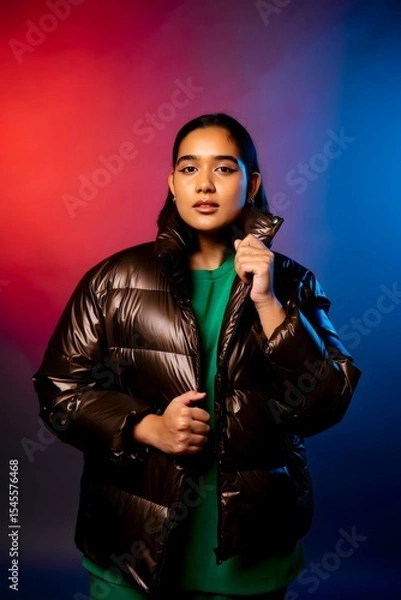 Obraz A stylish woman in a dark puffy jacket, with a red and blue backdrop