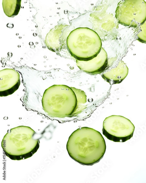 Fototapeta Bright green cucumber slices arranged in floating style, isolated on white background, used for vegetarian, or summer freshness visuals

