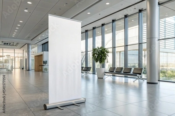 Fototapeta Modern waiting room interior with roll-up banner mockup. Clean corporate design for office, clinic, or hospital. 3D render perfect for branding and presentation visuals.