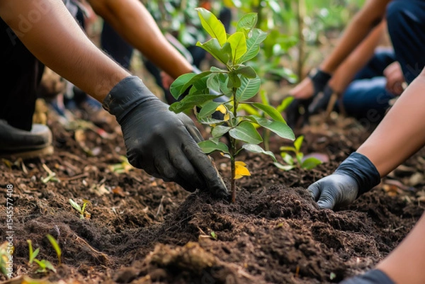 Obraz Tree planting on volunteer family's hands for eco friendly and corporate social responsibility campaign concept
