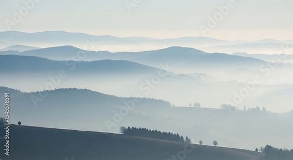 Obraz Misty Mountain Landscape Serene Hills in Soft Blue Hues