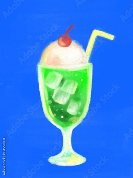 Obraz アクリルガッシュで描いたメロンソーダの手書きイラスト