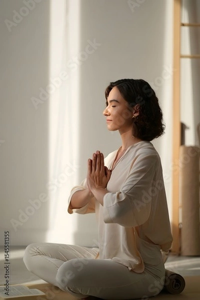 Obraz A serene person meditating in a sunlit room, seeking inner peace