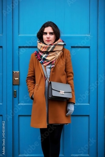 Obraz A woman in a stylish coat and scarf stands confidently against a vibrant blue door, creating a fashionable statement