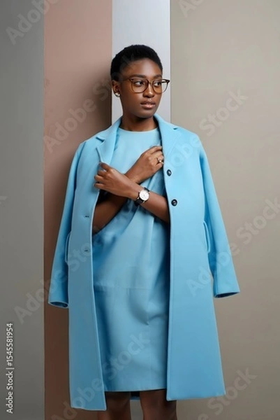 Obraz Elegant African American woman in glasses and a light blue coat posing against a multicolored background