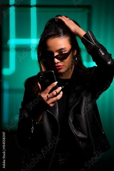 Obraz Stylish woman in black leather jacket using smartphone at night with neon light background