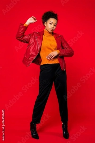 Obraz Stylish woman in red leather jacket posing against a red backdrop