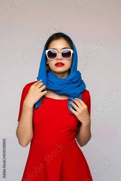 Obraz A stylish woman confidently posing for a photo wearing sunglasses and a vibrant red dress