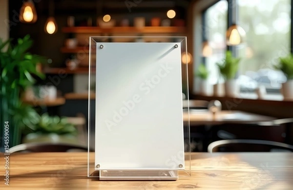 Obraz Clear acrylic menu holder with blank white page standing on wooden table in modern cafe interior, warm lighting with green plants background, shallow depth of field mockup, minimalist design, commerci