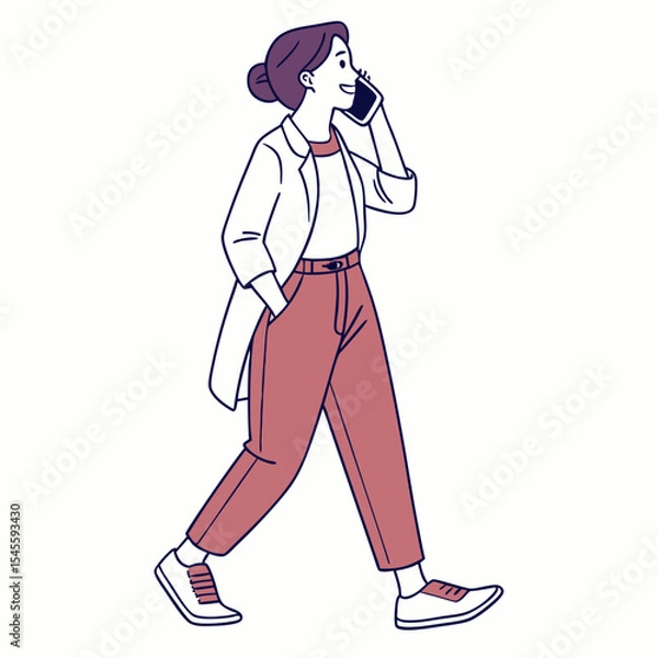 Fototapeta Walking woman talking on phone, clean cutout illustration, transparent background