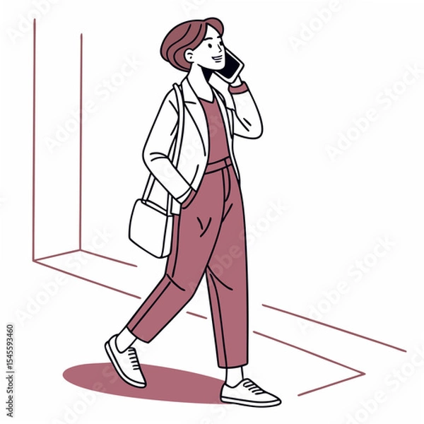 Fototapeta Stylish woman walking and talking on cell phone, clean cutout illustration