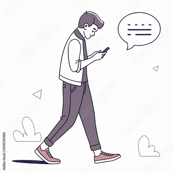 Fototapeta Young man walking and texting on smartphone mobile phone