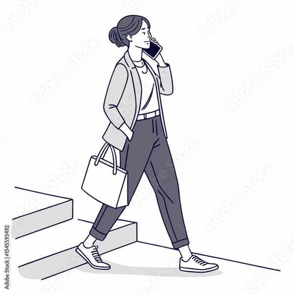 Fototapeta Businesswoman walking down stairs talking on phone