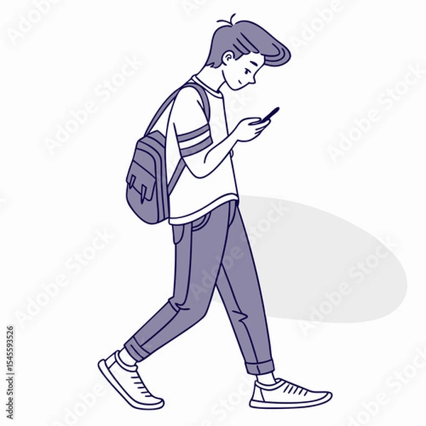 Fototapeta Teen boy walking smartphone backpack transparent background design element