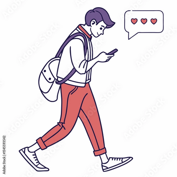 Fototapeta Walking man using smartphone social media likes transparent background