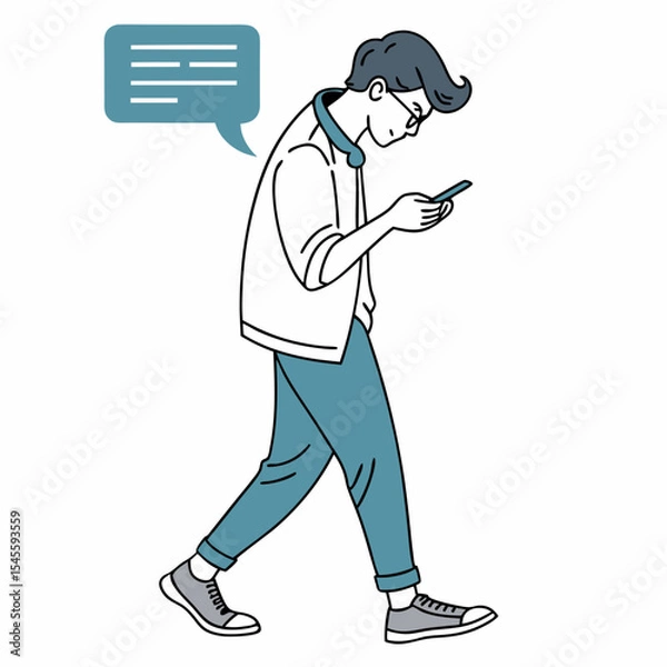 Fototapeta Young man walking and texting on smartphone