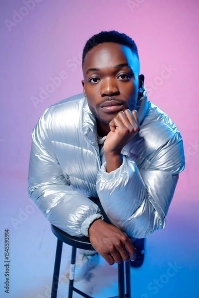 Obraz A stylish portrait of a thoughtful man in a trendy silver jacket, seated on a stool