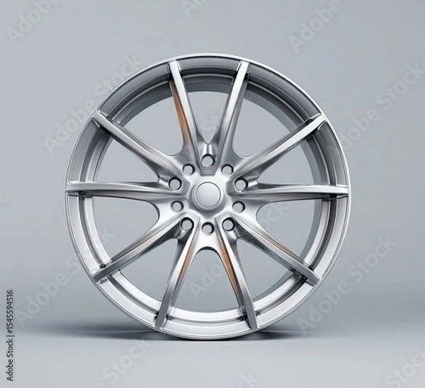 Obraz Sleek silver alloy wheel with ten spokes, subtle orange accents, and a central hubcap against a neutral grey background
