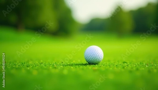 Fototapeta Blurred green golf field, single white golf ball centered, single, game, field