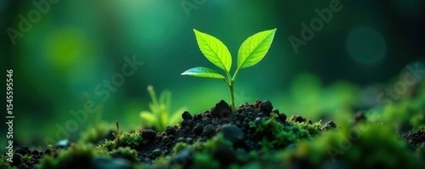 Fototapeta Green shoots emerging from technological device, network, robotics, biology