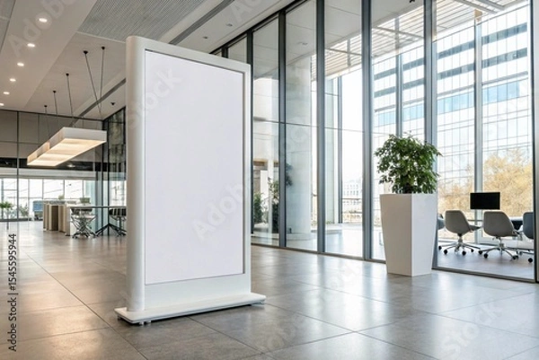Fototapeta Corporate branding white blank frame mockup placed inside modern office workspace. Ideal for commercial identity, signage, poster design, promotion, or advertising business template presentations.