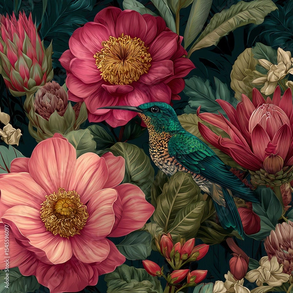 Obraz A bird is perched on a flower in a painting