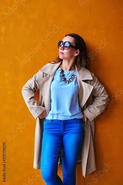 Obraz Attractive brunette woman with coat posing near a wall