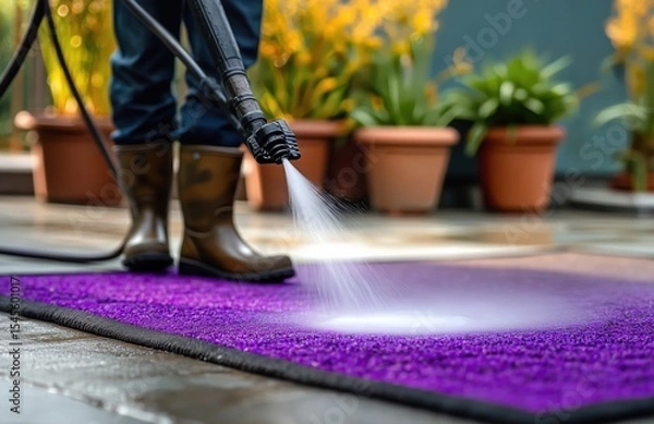 Obraz Person cleaning concrete floor with high-pressure spray gun, water splashing on black rubber doormat pieces while wearing work boots and jeans in outdoor garden area, copy space left side, industrial 