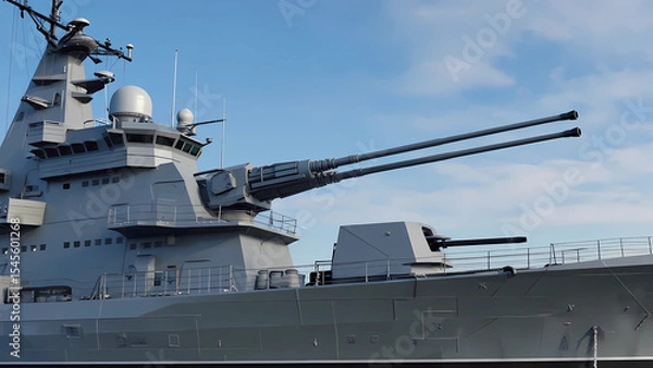 Fototapeta A futuristic, sleek railgun protrudes from the side of a massive, high-tech warship