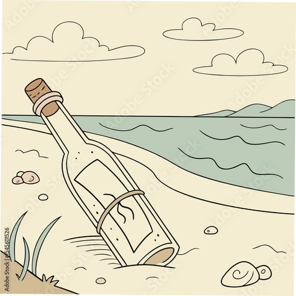 Fototapeta Message in a bottle on beach scene illustration