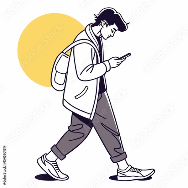 Fototapeta Young man walking using smartphone stylish line art