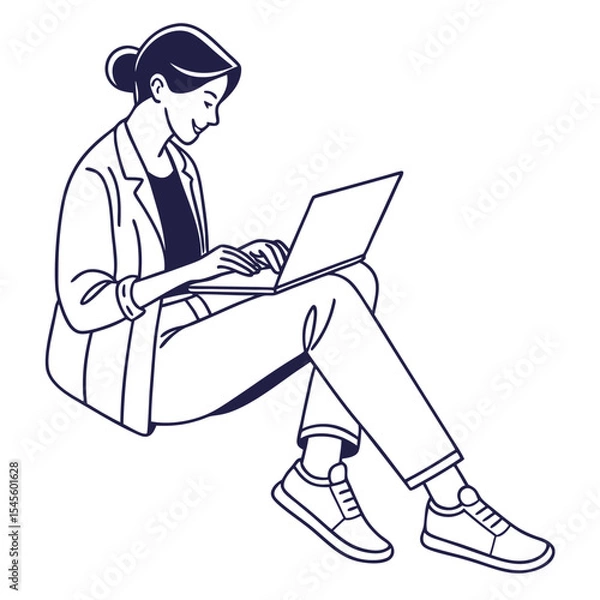 Fototapeta Woman sitting cross legged using laptop computer
