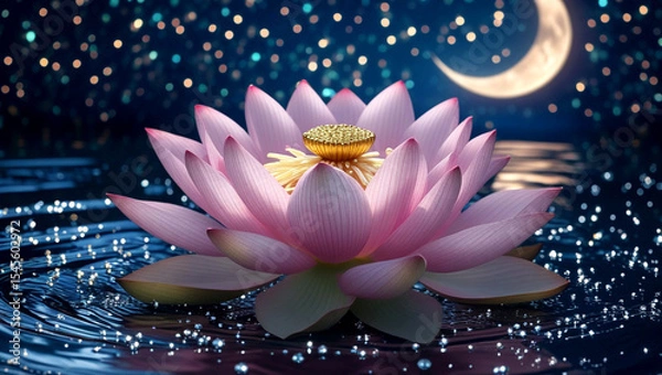 Obraz Serene Lotus Flower under a Crescent Moon at Night