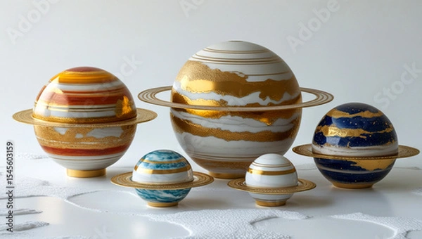 Obraz Collection of Abstract Gold and Marble Planet Models on Stands