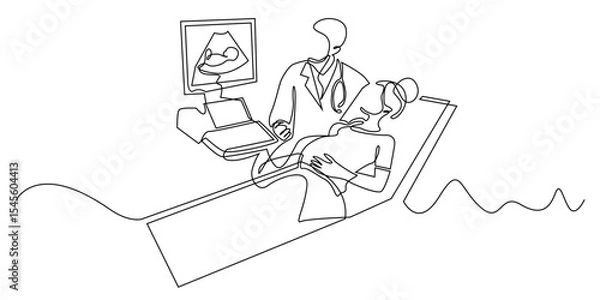 Fototapeta continuous line of obstetrician.doctor doing pregnancy examination with baby ultrasound monitor.single line illustration.eps 10