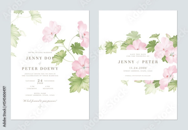 Obraz Wedding invitation and save the date template set of elegant pink Geranium Mavis Simpson flowers and leaves on a solid white background