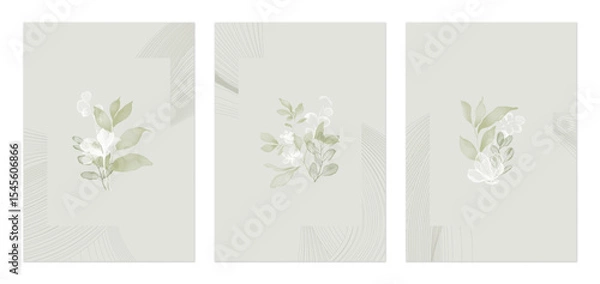 Fototapeta Flower wall art set, minimalist subtle translucent green and white botanical elements on a light gray background
