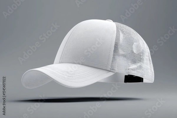 Fototapeta A clean, white trucker cap with a mesh back, shown floating against a neutral gray backdrop, casts a subtle shadow