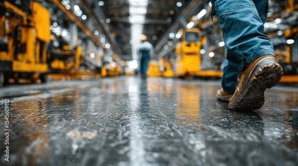 Obraz Lone Worker in Blue Overalls Walking on Industrial Factory Floor with Equipment