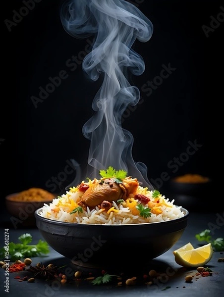 Fototapeta A visually appealing close-up of a steaming bowl of chicken biryani