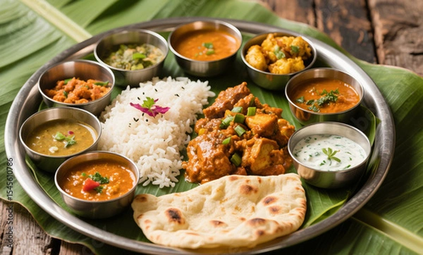 Fototapeta Flatlay of Traditional Indian Thali with Butter Chicken, Dal, Aloo Gobi, Naan, and Chutneys on Steel Tray over Banana Leaf and Rustic Table