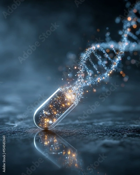 Fototapeta The capsule is placed on a glass surface and glowing DNA strands shoot out powerfully, symbolizing new healing power.