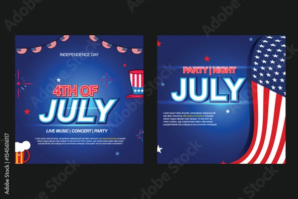 Fototapeta A cheerful 4th of July greeting card with bursting fireworks, glowing stars, and the iconic American flag waving proudly to celebrate the nation’s freedom and unity.